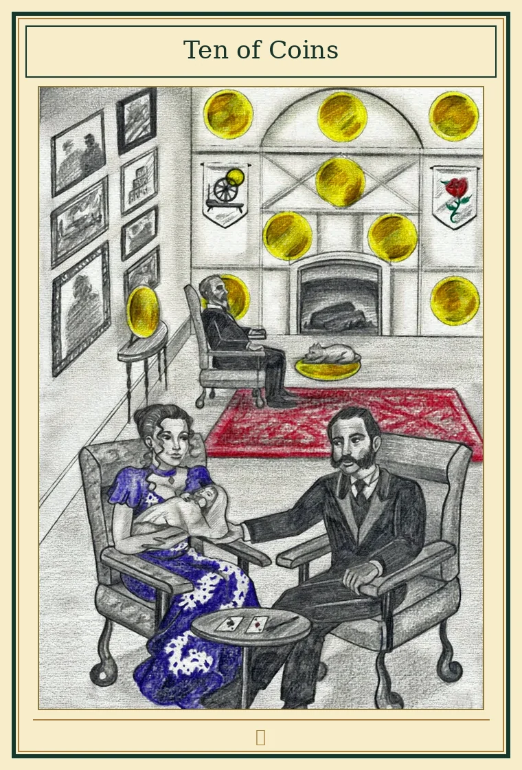 Full presentation of Ten of Coins tarot card featuring original illustration by Wayne McGuire