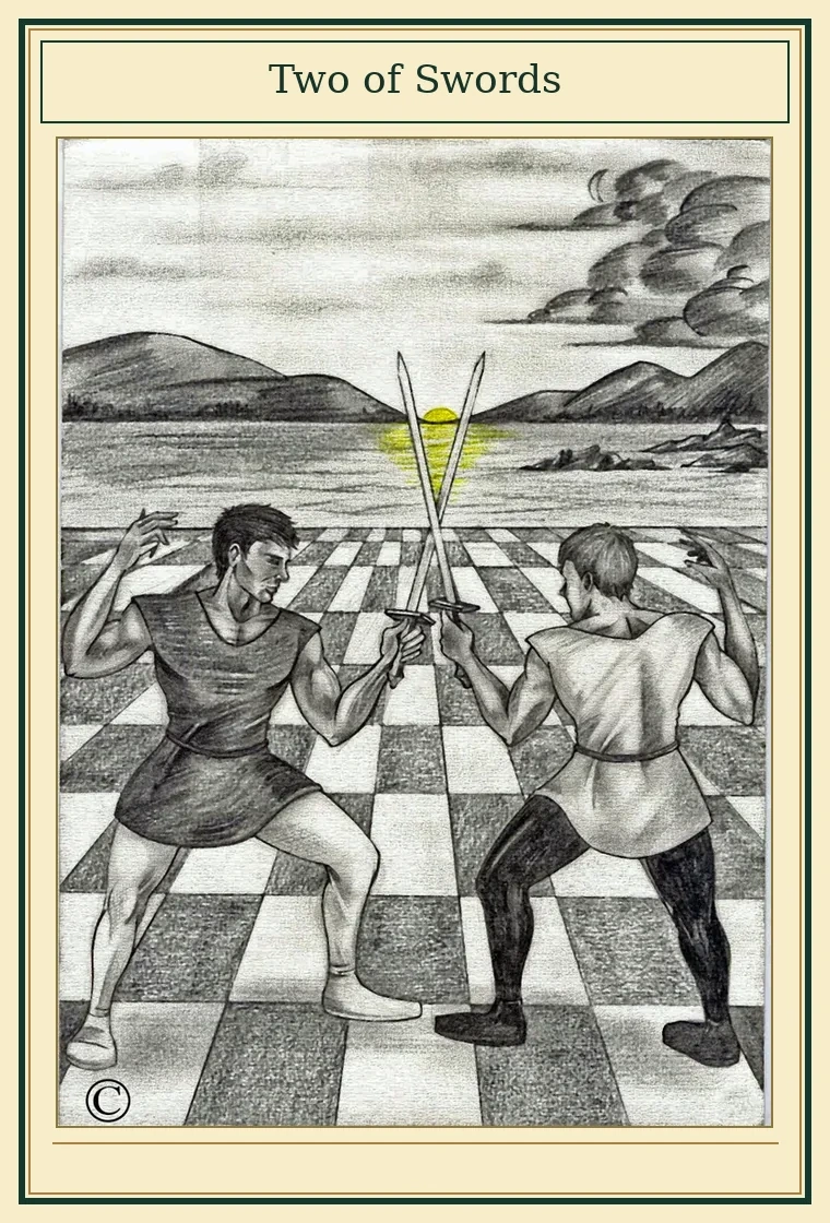 Full presentation of Two of Swords tarot card featuring original illustration by Wayne McGuire
