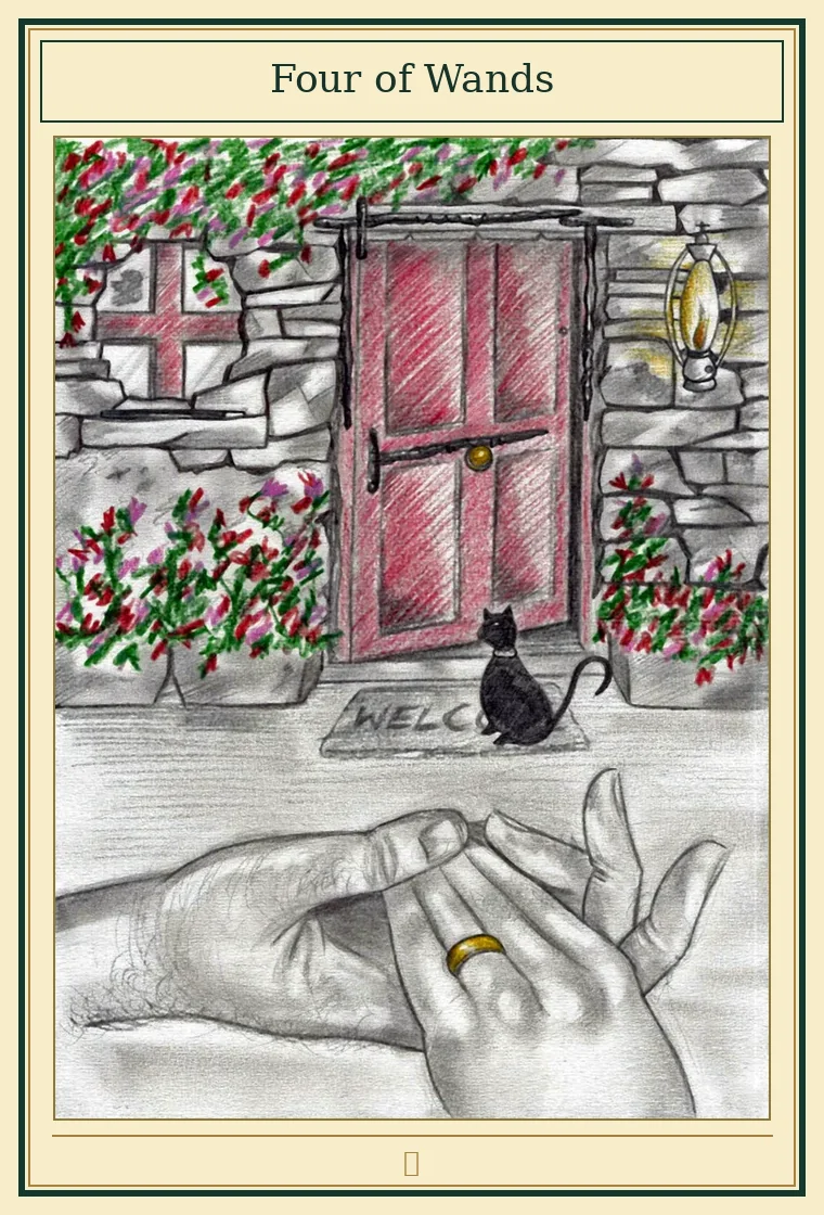 Full presentation of Four of Wands tarot card featuring original illustration by Wayne McGuire