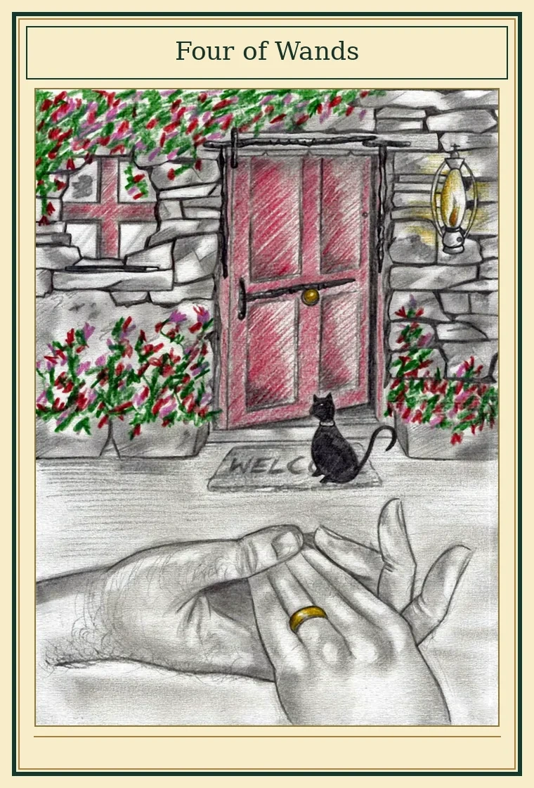 Full presentation of Four of Wands tarot card featuring original illustration by Wayne McGuire