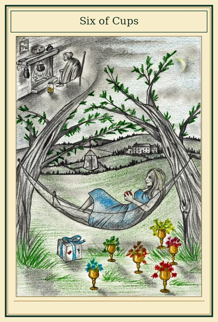 Full presentation of Six of Cups tarot card featuring original illustration by Wayne McGuire