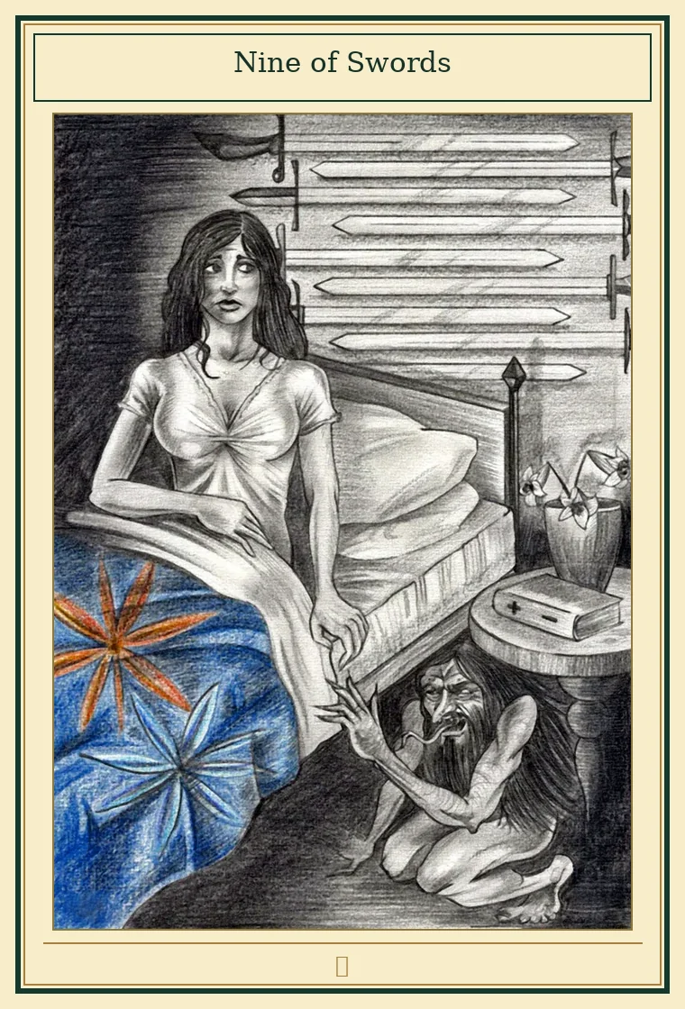 Full presentation of Nine of Swords tarot card featuring original illustration by Wayne McGuire