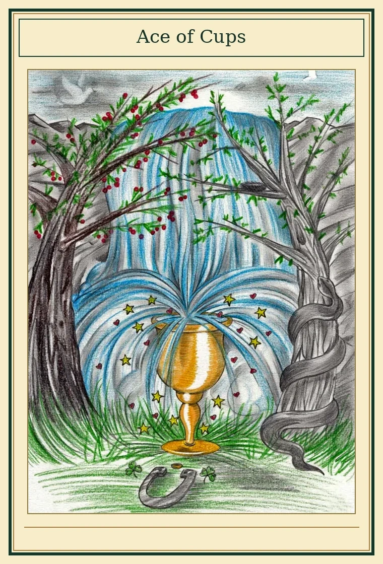 Full presentation of Ace of Cups tarot card featuring original illustration by Wayne McGuire