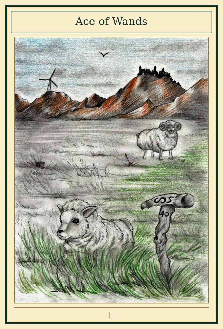 Full presentation of Ace of Wands tarot card featuring original illustration by Wayne McGuire