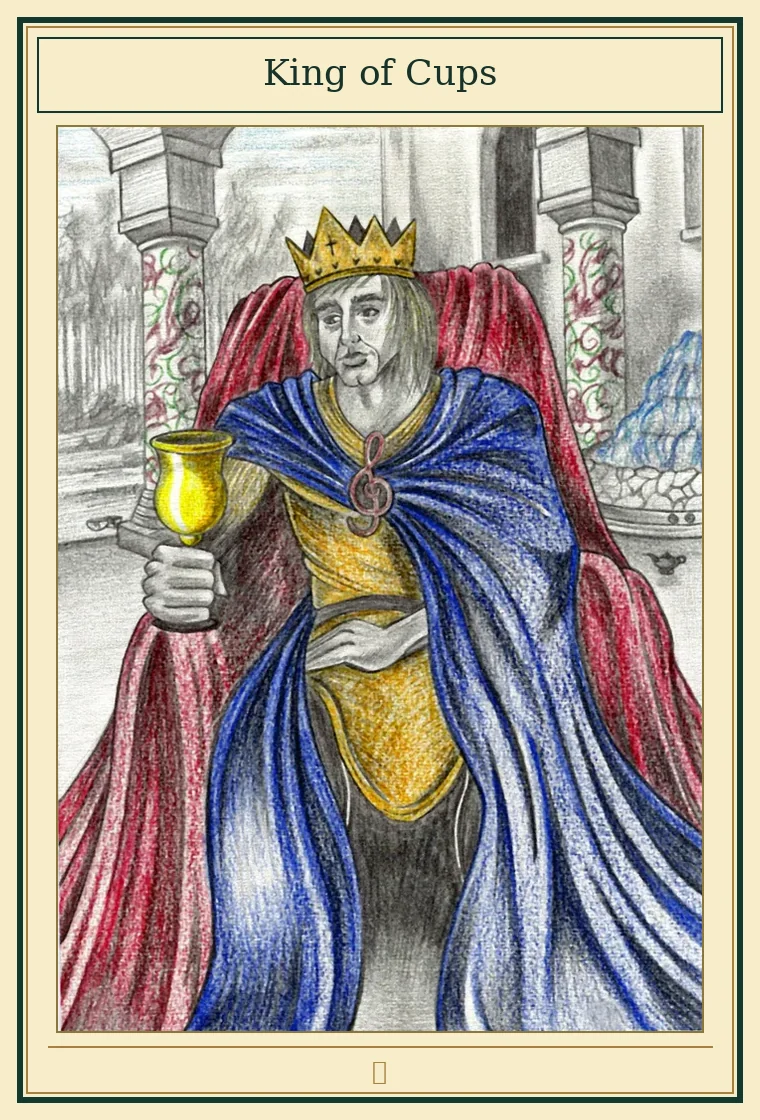 Full presentation of King of Cups tarot card featuring original illustration by Wayne McGuire