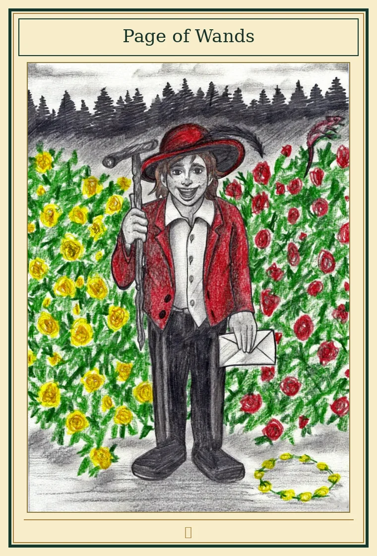 Full presentation of Page of Wands tarot card featuring original illustration by Wayne McGuire